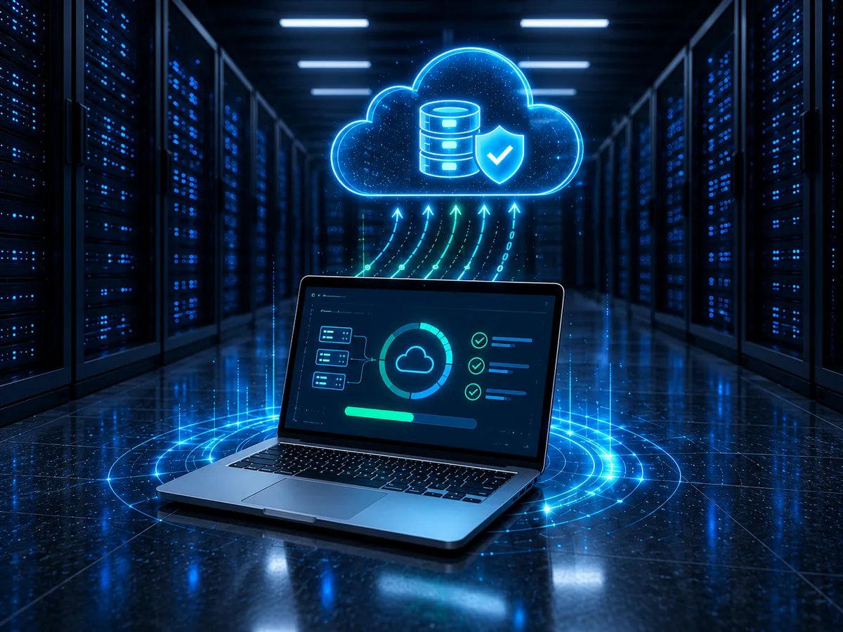 Ilustração de backup em nuvem com servidor, proteção de dados e notebook