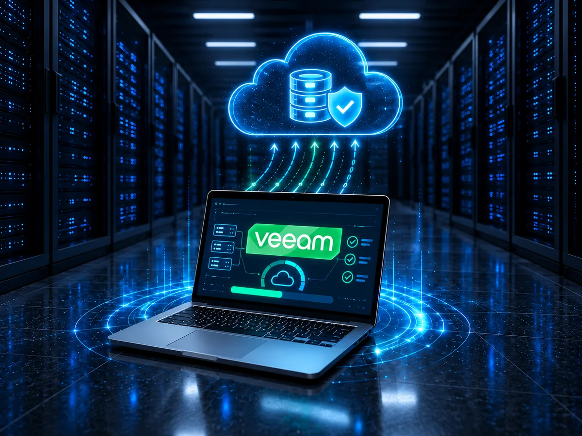Ilustração de backup em nuvem com a marca Veeam na tela do notebook